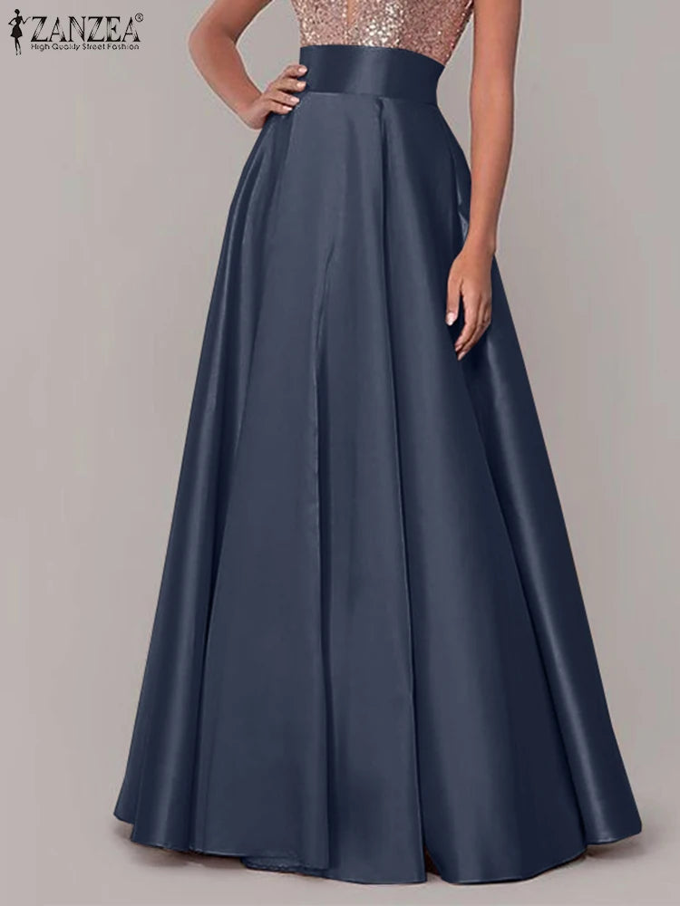 ZANZEA Elegant High Waist Satin Party Skirts Jupe Summer Women Maxi Long Skirts A-line Sundress Work OL Maxi Vestido Faldas Saia
