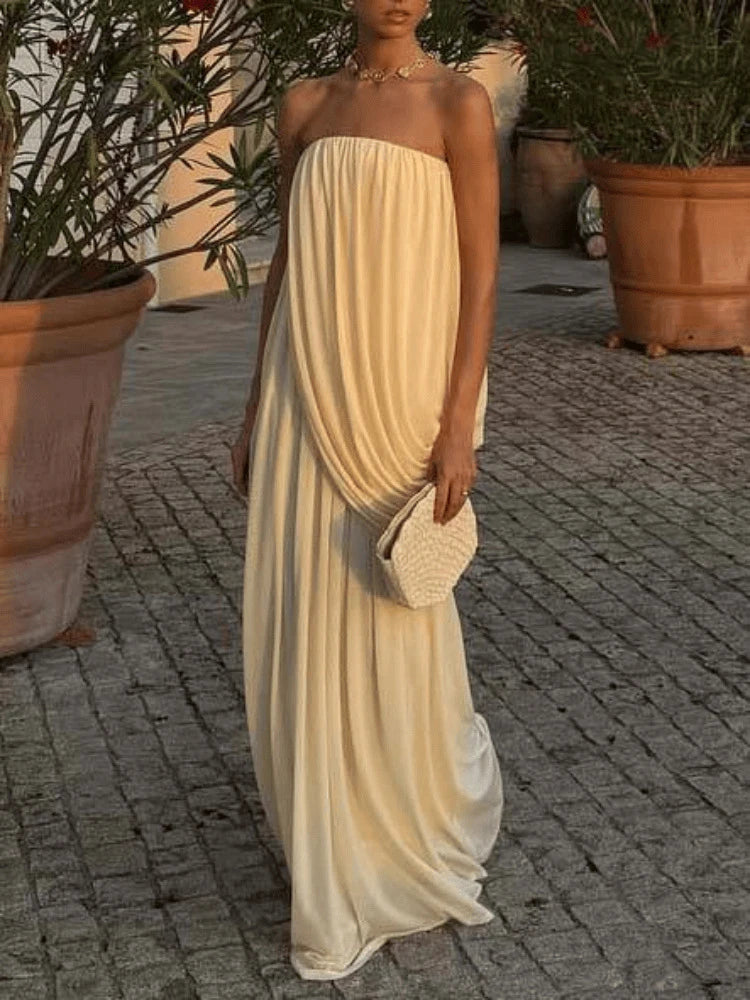Sexy Strapless Pleated Maxi Dress Women Sleeveless Backless Ruched Loose Long Dresses 2026 Summer Wedding Guest Party Vestidos