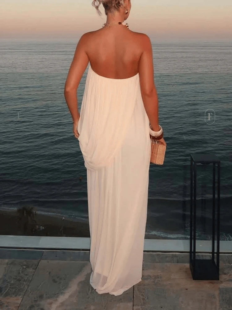 Sexy Strapless Pleated Maxi Dress Women Sleeveless Backless Ruched Loose Long Dresses 2026 Summer Wedding Guest Party Vestidos