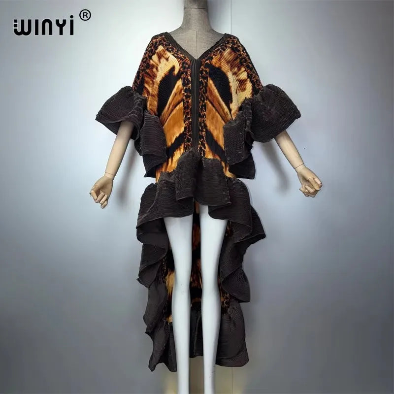 WINYI Middle East Boho Maxi Kaftan Dress Elegant Pleated Elastic Beach Cover up Luxury Party Evening Dubai Style Abaya