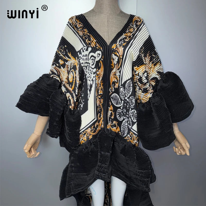 WINYI Middle East Boho Maxi Kaftan Dress Elegant Pleated Elastic Beach Cover up Luxury Party Evening Dubai Style Abaya
