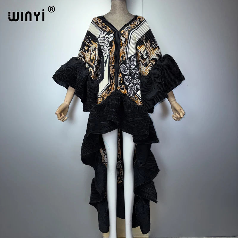 WINYI Middle East Boho Maxi Kaftan Dress Elegant Pleated Elastic Beach Cover up Luxury Party Evening Dubai Style Abaya