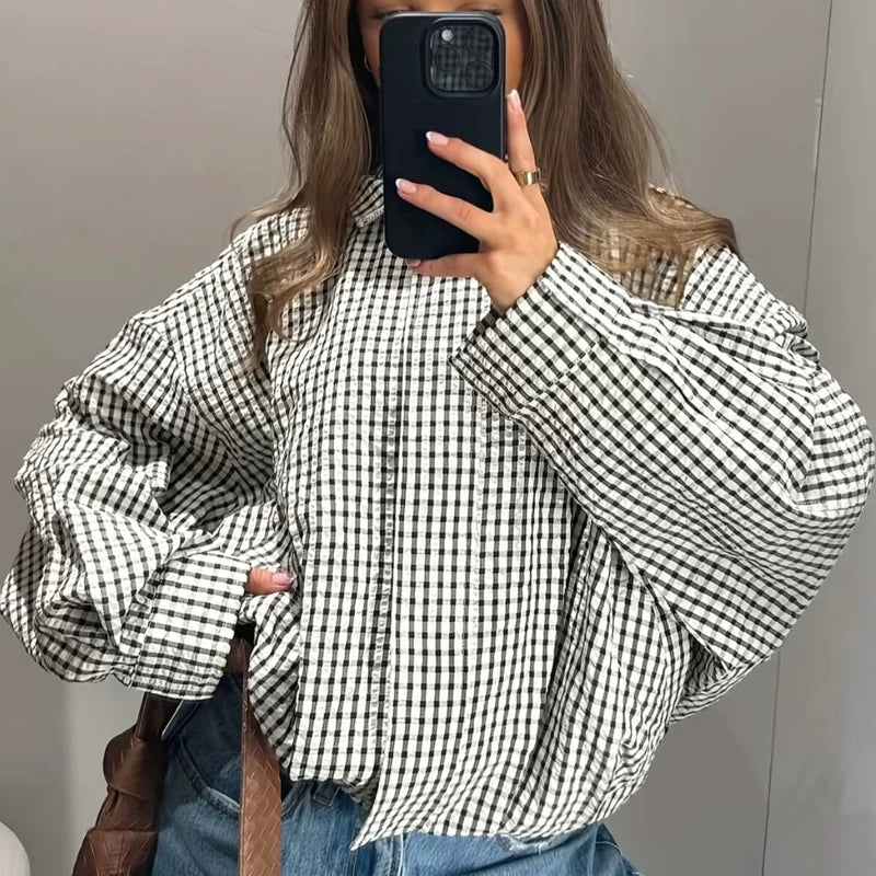 HXAO Plaid Women's Bomber Jacket Demi-Season Long Sleeve Crop Jacket Woman Chic Oversized Checked Varsity Jackets Outerwears