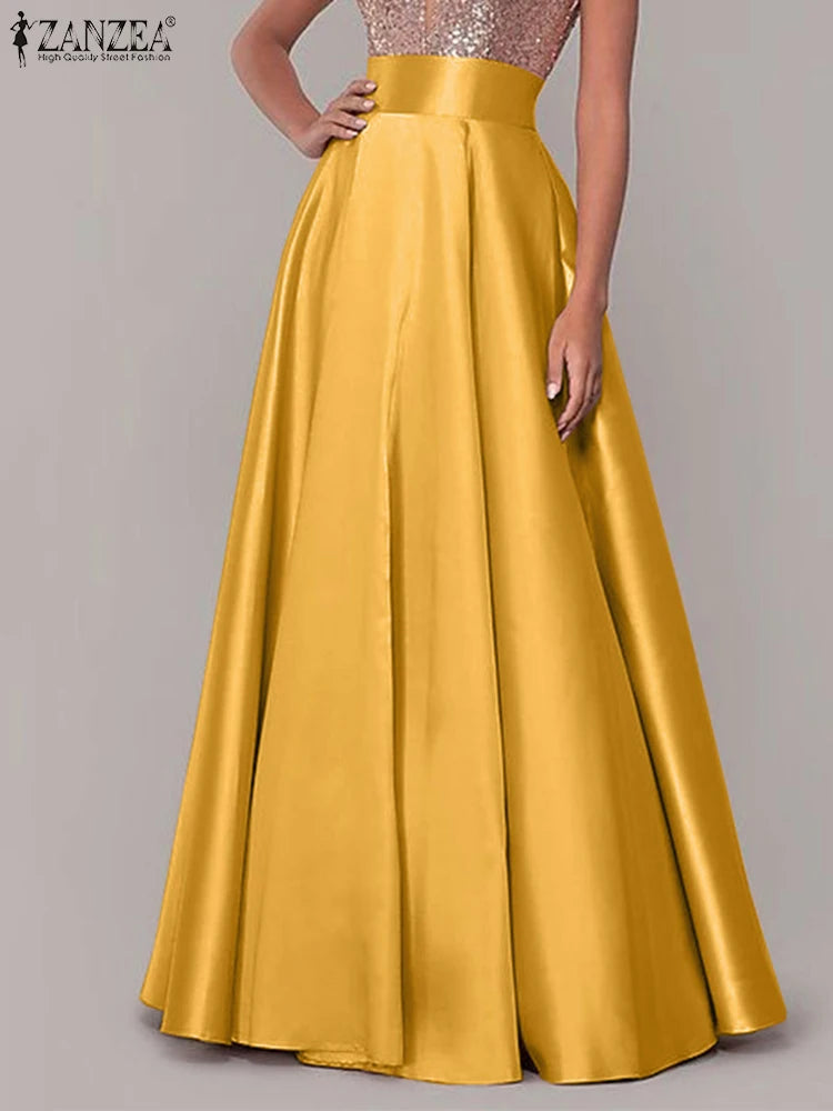 ZANZEA Elegant High Waist Satin Party Skirts Jupe Summer Women Maxi Long Skirts A-line Sundress Work OL Maxi Vestido Faldas Saia
