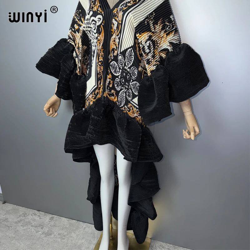 WINYI Middle East Boho Maxi Kaftan Dress Elegant Pleated Elastic Beach Cover up Luxury Party Evening Dubai Style Abaya