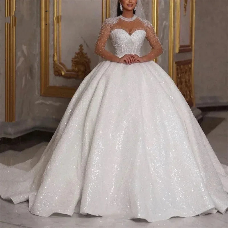 Customzied Sparkle Africa Wedding Dresses 2026 Luxury Ball Gown Glitter Beads Sequin Long Sleeves Sexy Dubai Bride Bridal Gown