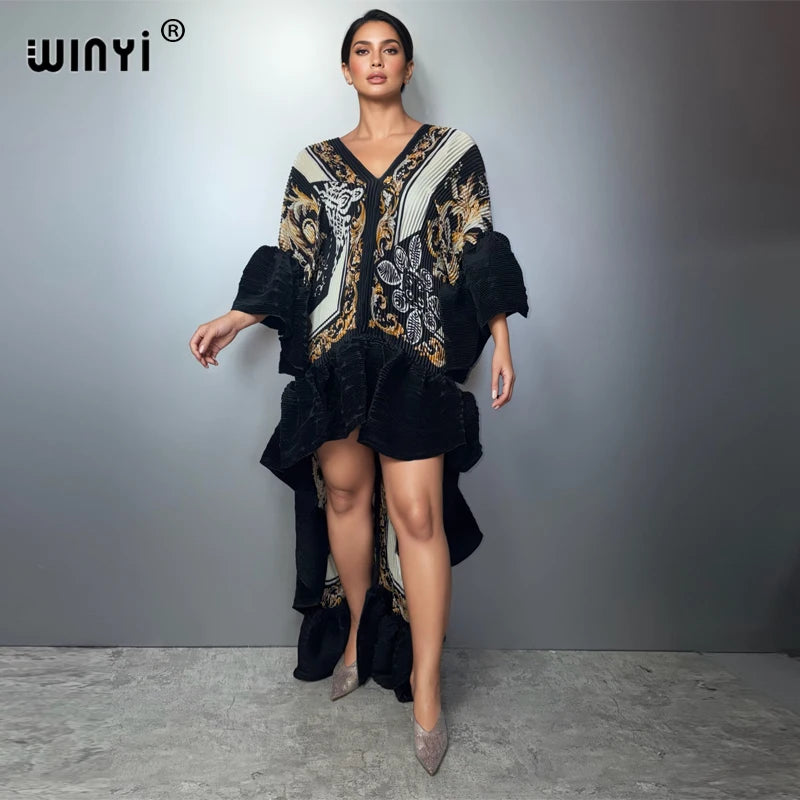 WINYI Middle East Boho Maxi Kaftan Dress Elegant Pleated Elastic Beach Cover up Luxury Party Evening Dubai Style Abaya