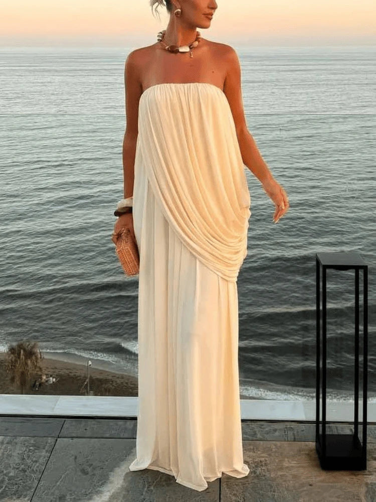 Sexy Strapless Pleated Maxi Dress Women Sleeveless Backless Ruched Loose Long Dresses 2026 Summer Wedding Guest Party Vestidos