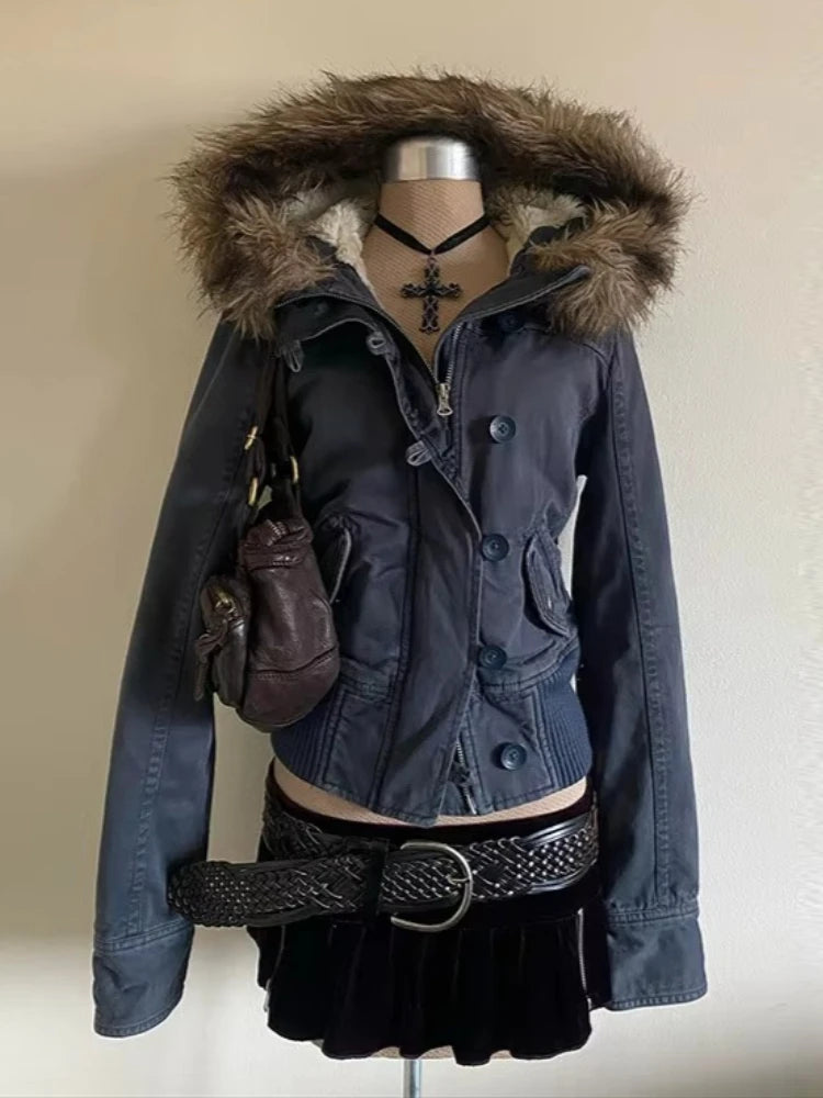 2026 Spring Retro Faux Fur Coats Women 2000s American Vintage Jackets Harajuku Gotihc Punk Clothing Jean Parkas Female Outwear