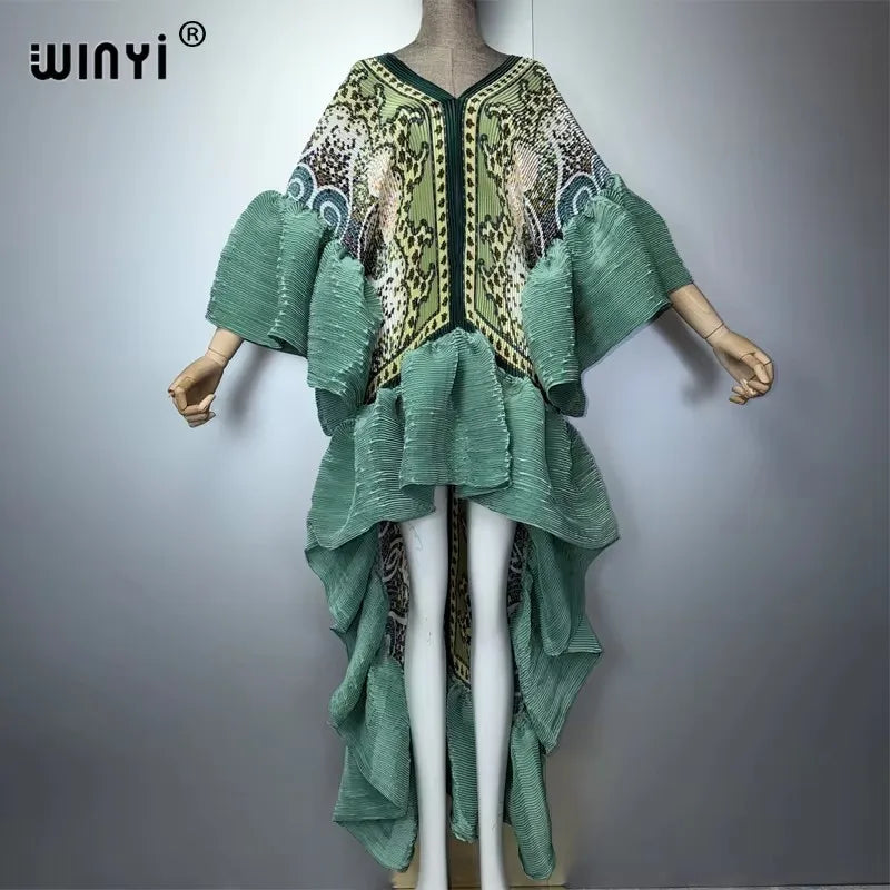WINYI Middle East Boho Maxi Kaftan Dress Elegant Pleated Elastic Beach Cover up Luxury Party Evening Dubai Style Abaya