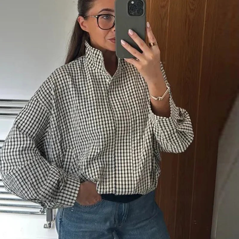 HXAO Plaid Women's Bomber Jacket Demi-Season Long Sleeve Crop Jacket Woman Chic Oversized Checked Varsity Jackets Outerwears