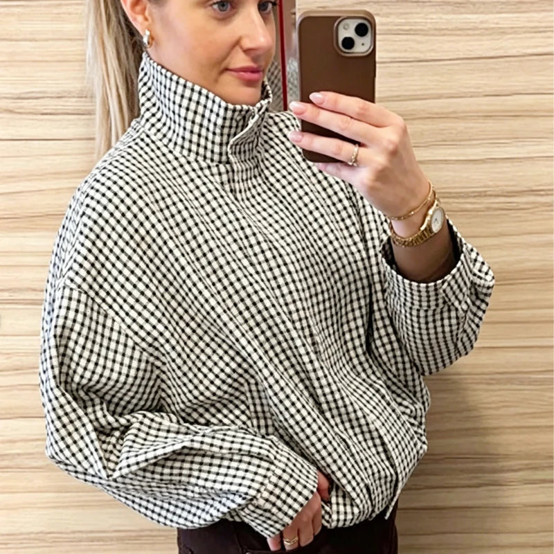 HXAO Plaid Women's Bomber Jacket Demi-Season Long Sleeve Crop Jacket Woman Chic Oversized Checked Varsity Jackets Outerwears