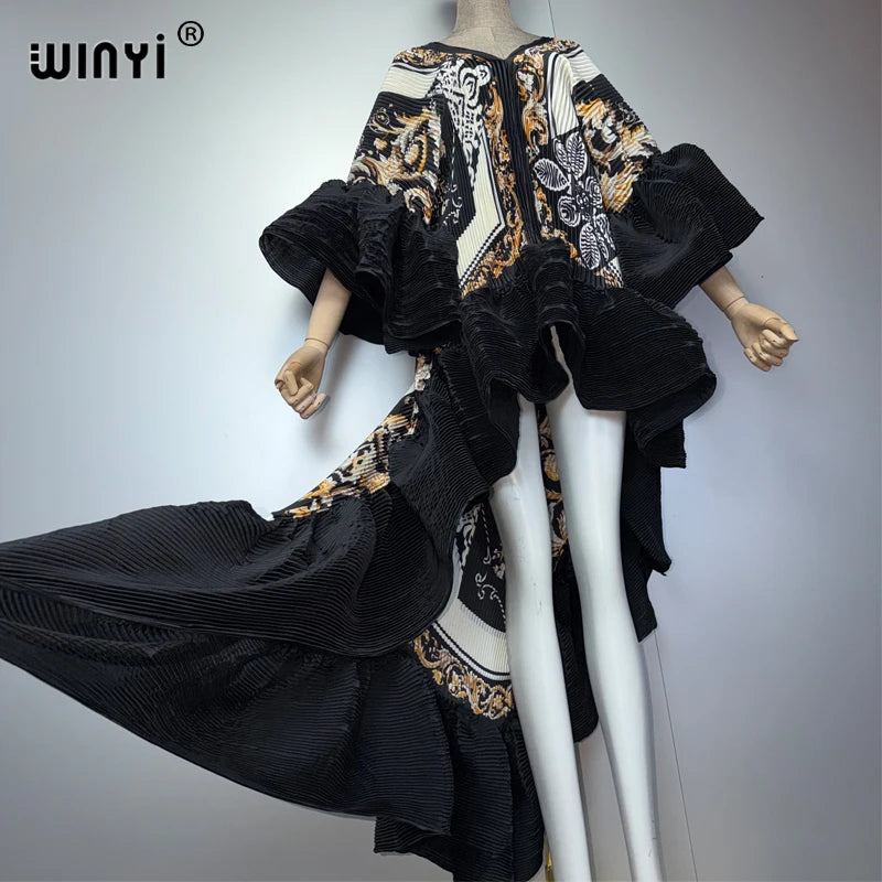 WINYI Middle East Boho Maxi Kaftan Dress Elegant Pleated Elastic Beach Cover up Luxury Party Evening Dubai Style Abaya