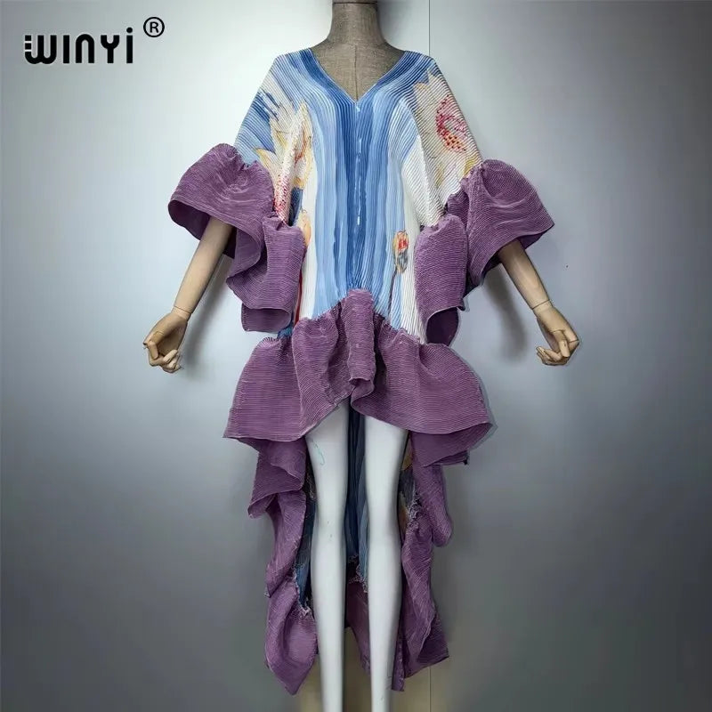 WINYI Middle East Boho Maxi Kaftan Dress Elegant Pleated Elastic Beach Cover up Luxury Party Evening Dubai Style Abaya