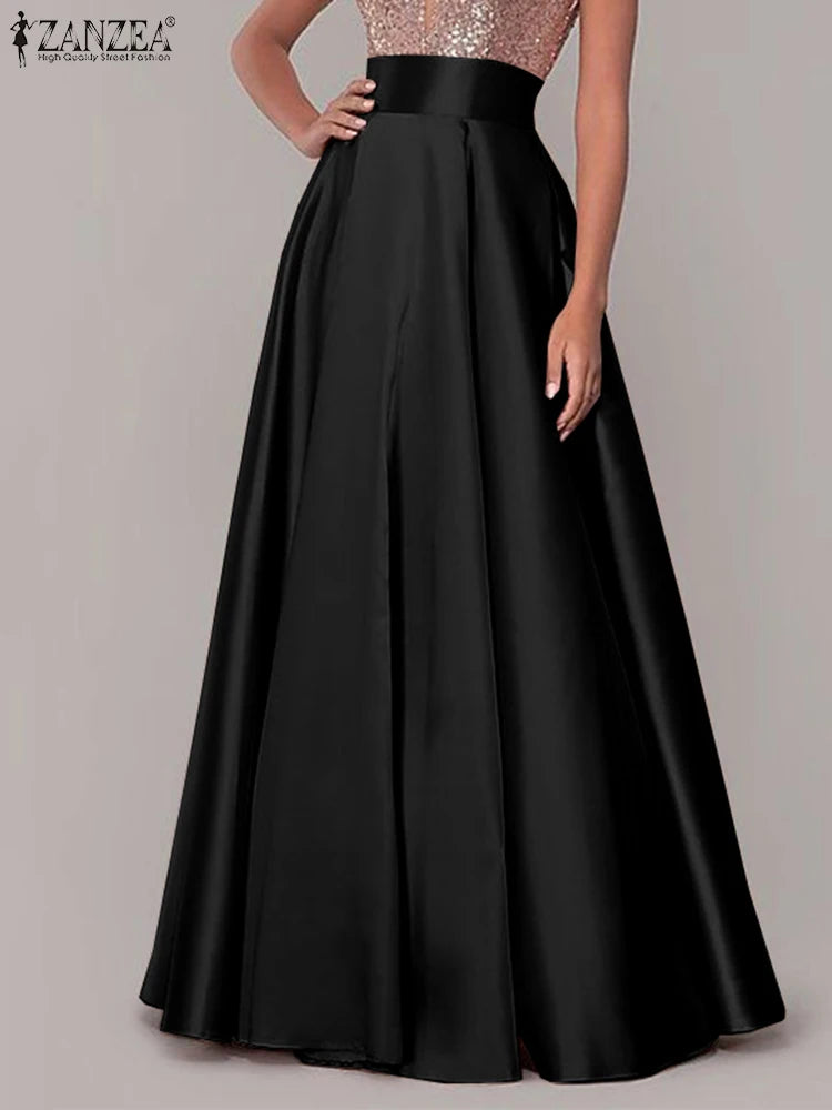 ZANZEA Elegant High Waist Satin Party Skirts Jupe Summer Women Maxi Long Skirts A-line Sundress Work OL Maxi Vestido Faldas Saia