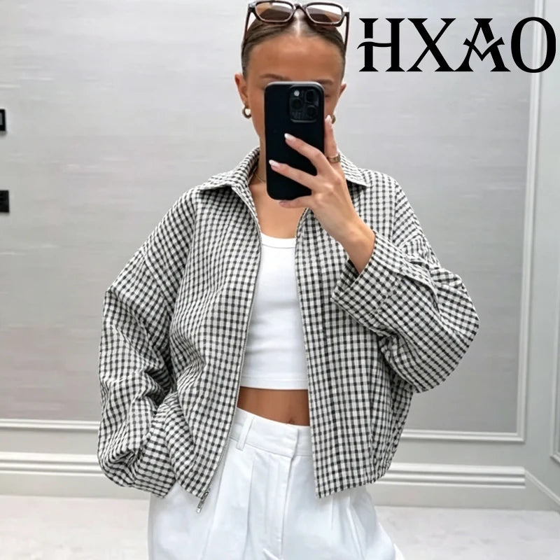 HXAO Plaid Women's Bomber Jacket Demi-Season Long Sleeve Crop Jacket Woman Chic Oversized Checked Varsity Jackets Outerwears