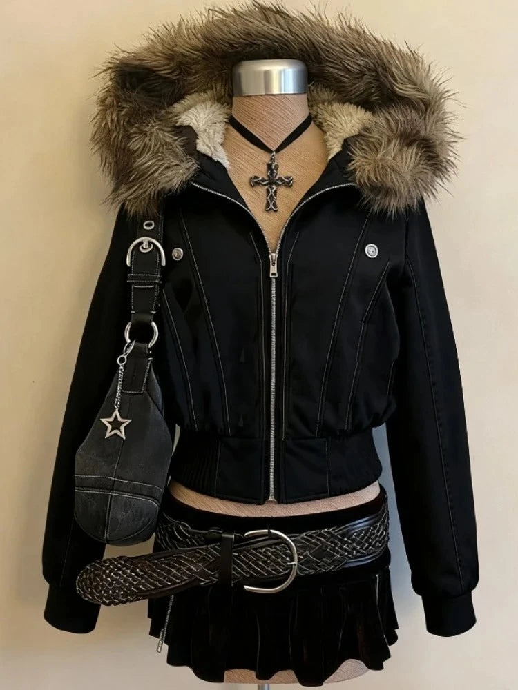 2026 Spring Retro Faux Fur Coats Women 2000s American Vintage Jackets Harajuku Gotihc Punk Clothing Jean Parkas Female Outwear
