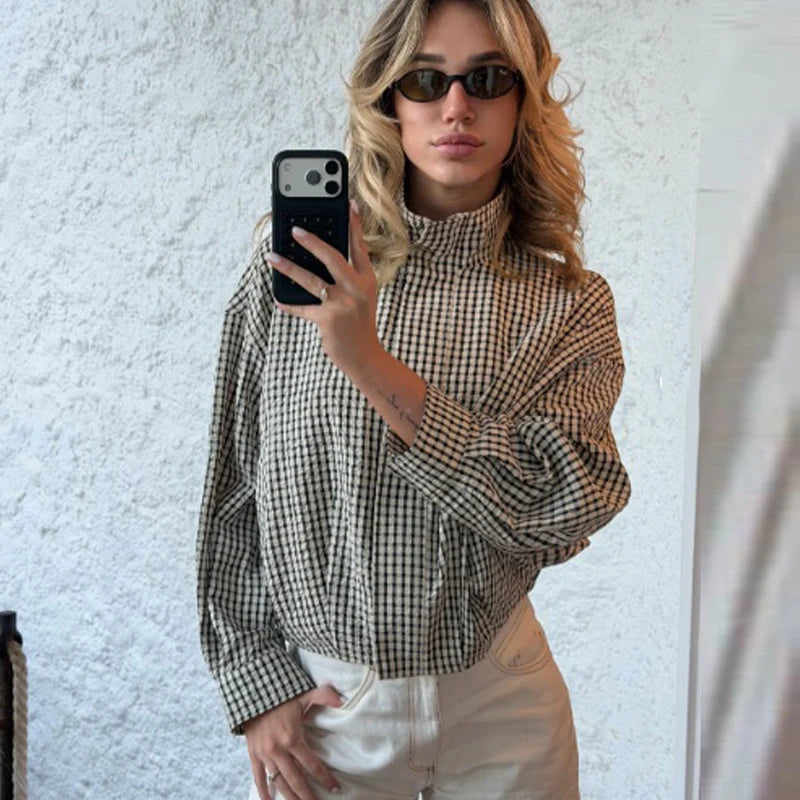 HXAO Plaid Women's Bomber Jacket Demi-Season Long Sleeve Crop Jacket Woman Chic Oversized Checked Varsity Jackets Outerwears
