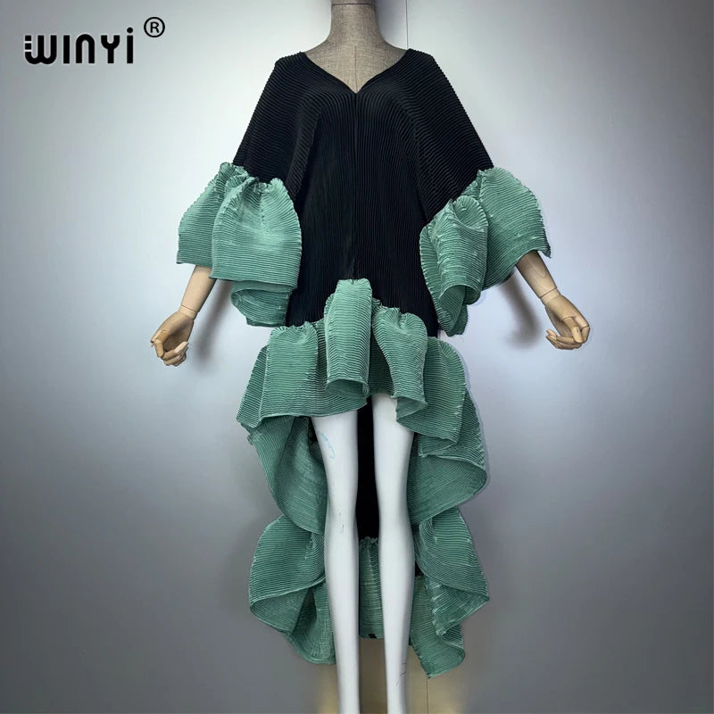 WINYI Middle East Boho Maxi Kaftan Dress Elegant Pleated Elastic Beach Cover up Luxury Party Evening Dubai Style Abaya