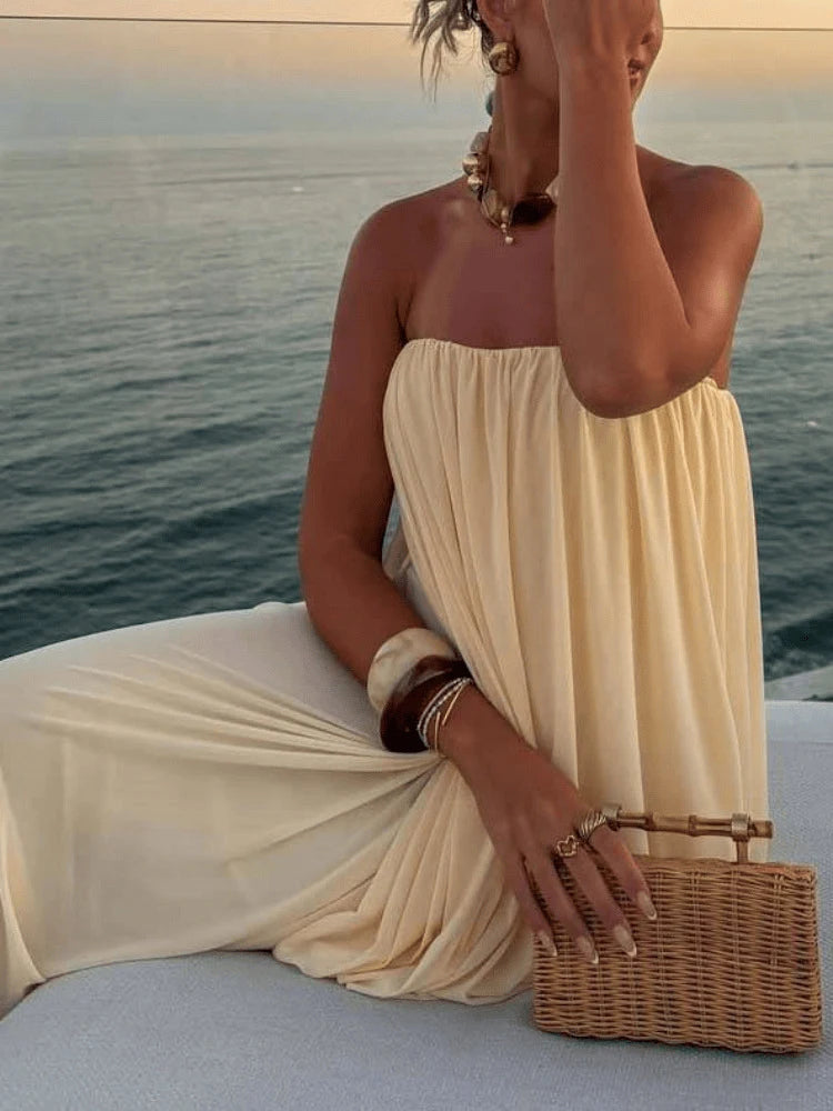Sexy Strapless Pleated Maxi Dress Women Sleeveless Backless Ruched Loose Long Dresses 2026 Summer Wedding Guest Party Vestidos