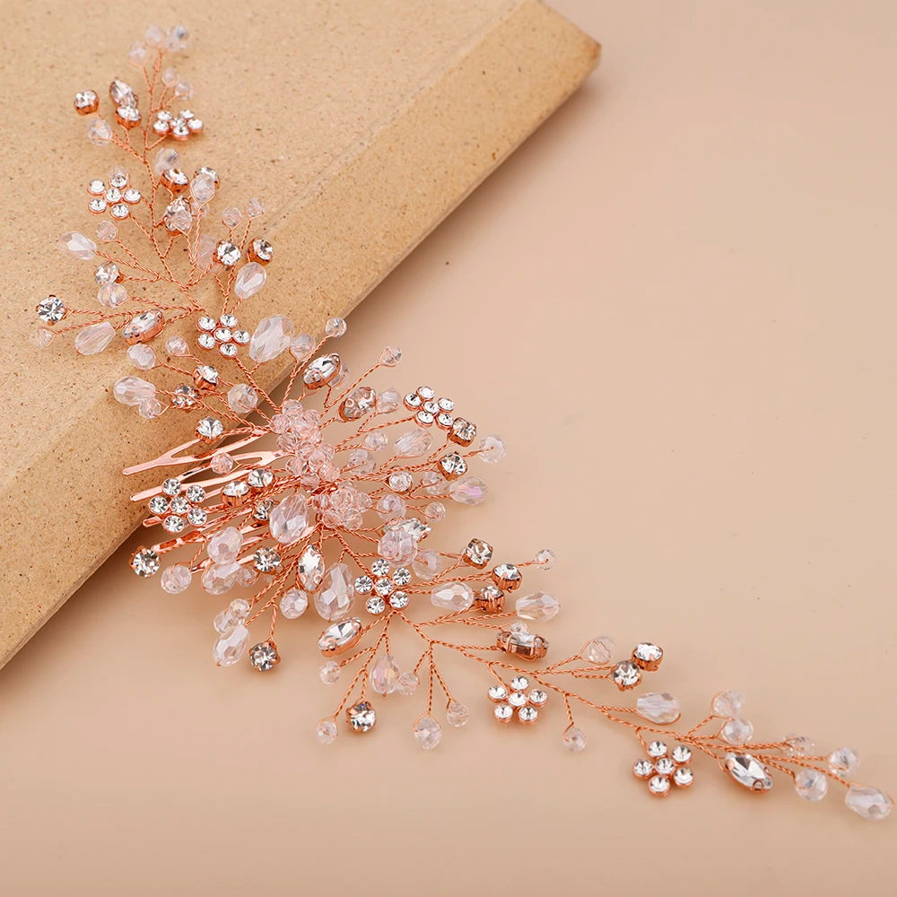 Vintage Rose Gold Silver Wedding Accessories Bridal Headwear Shiny Crystal Hair Comb Elegant Banquet for Women