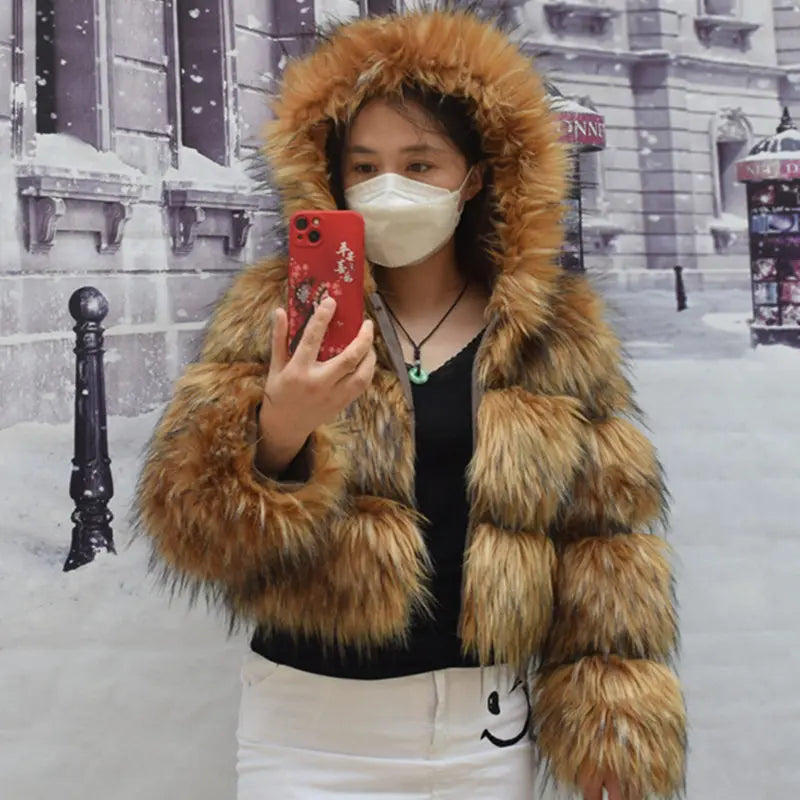 HOOOFUR Faux Fur Coat Women's Jacket Winter Fashion Warm Thick Fox Raccoon Leather Brown Plus Size Especially Fake Fur Cold