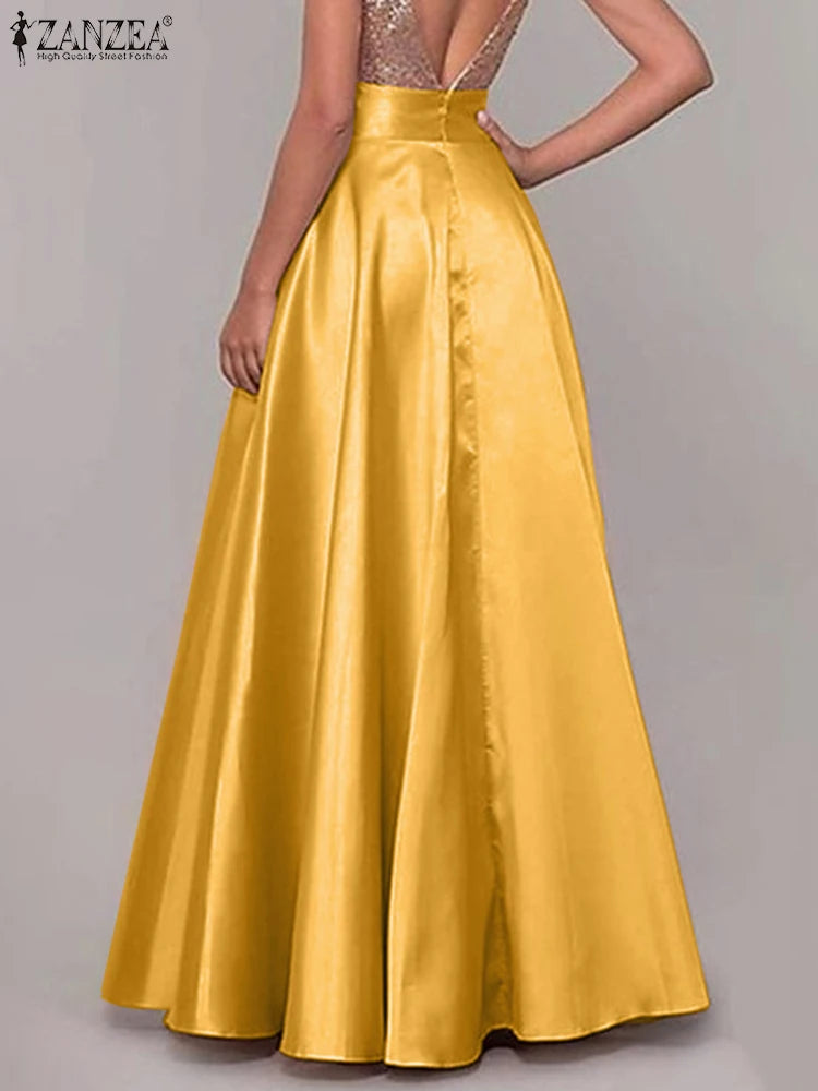 ZANZEA Elegant High Waist Satin Party Skirts Jupe Summer Women Maxi Long Skirts A-line Sundress Work OL Maxi Vestido Faldas Saia