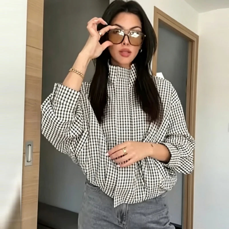 HXAO Plaid Women's Bomber Jacket Demi-Season Long Sleeve Crop Jacket Woman Chic Oversized Checked Varsity Jackets Outerwears