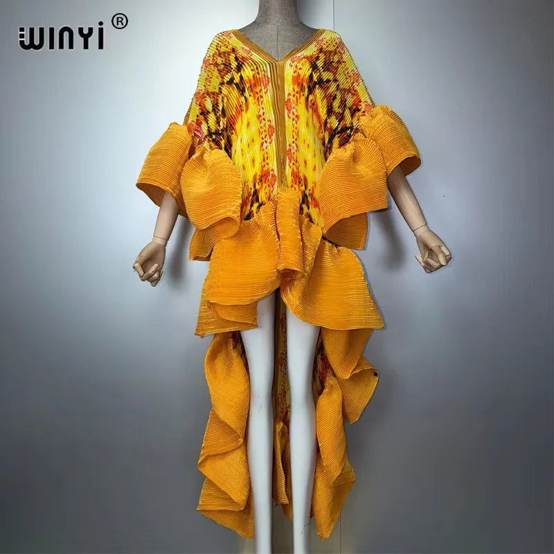 WINYI Middle East Boho Maxi Kaftan Dress Elegant Pleated Elastic Beach Cover up Luxury Party Evening Dubai Style Abaya