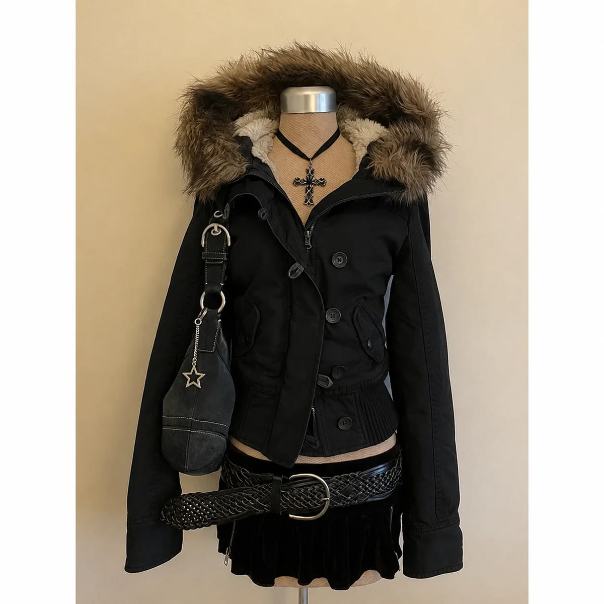 2026 Spring Retro Faux Fur Coats Women 2000s American Vintage Jackets Harajuku Gotihc Punk Clothing Jean Parkas Female Outwear