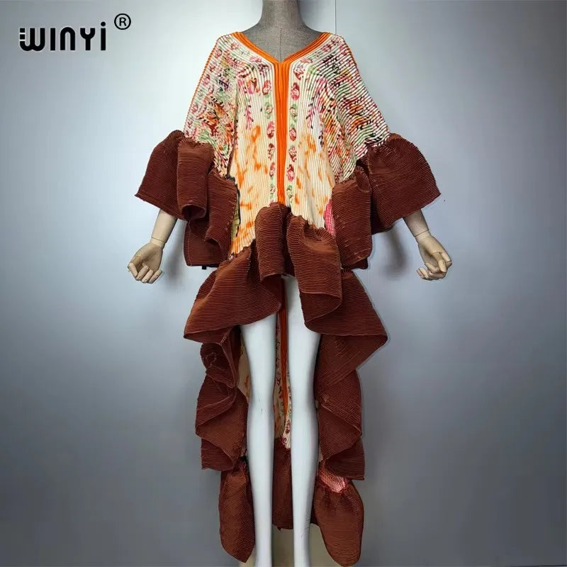 WINYI Middle East Boho Maxi Kaftan Dress Elegant Pleated Elastic Beach Cover up Luxury Party Evening Dubai Style Abaya