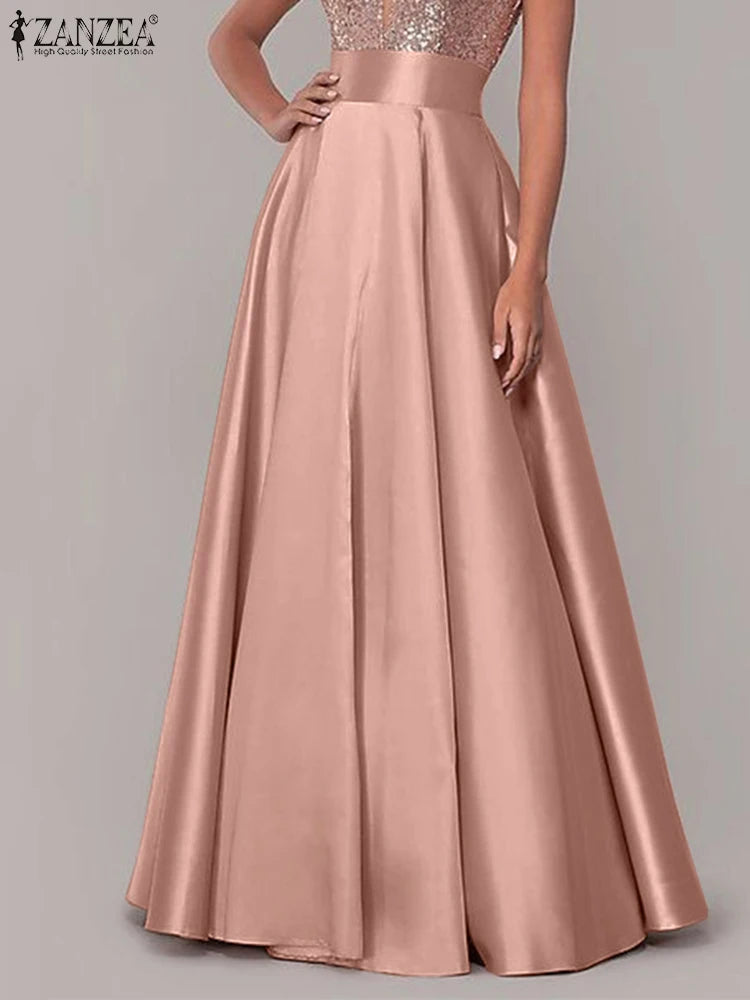 ZANZEA Elegant High Waist Satin Party Skirts Jupe Summer Women Maxi Long Skirts A-line Sundress Work OL Maxi Vestido Faldas Saia
