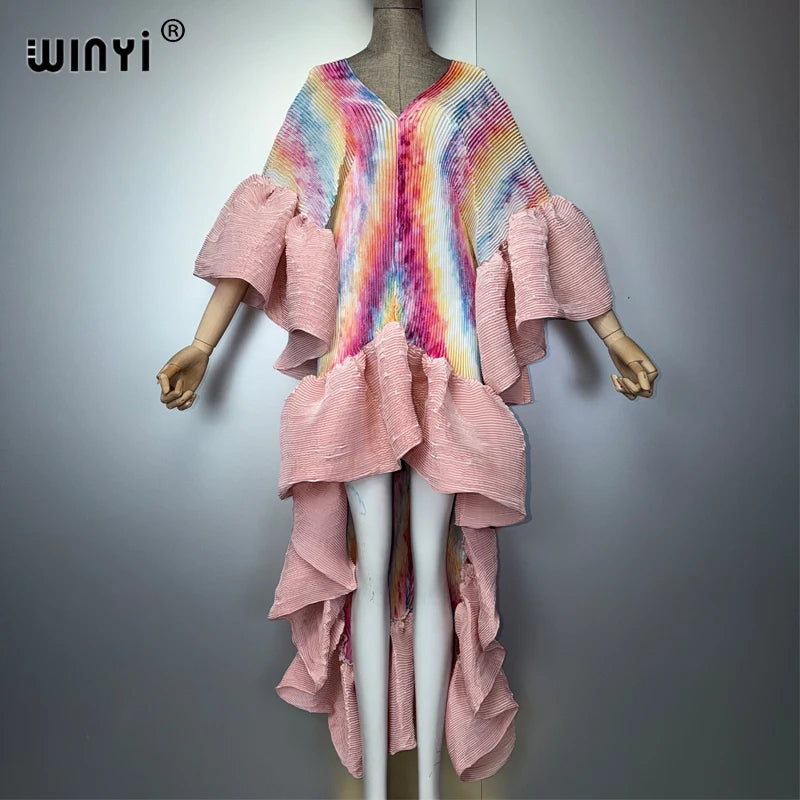 WINYI Middle East Boho Maxi Kaftan Dress Elegant Pleated Elastic Beach Cover up Luxury Party Evening Dubai Style Abaya