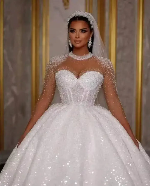 Customzied Sparkle Africa Wedding Dresses 2026 Luxury Ball Gown Glitter Beads Sequin Long Sleeves Sexy Dubai Bride Bridal Gown