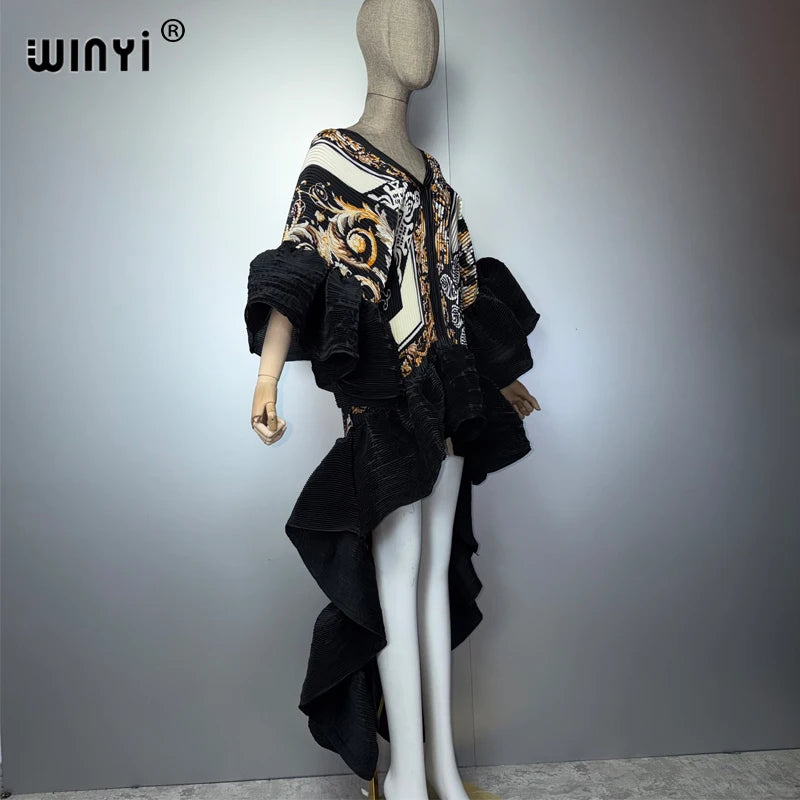 WINYI Middle East Boho Maxi Kaftan Dress Elegant Pleated Elastic Beach Cover up Luxury Party Evening Dubai Style Abaya